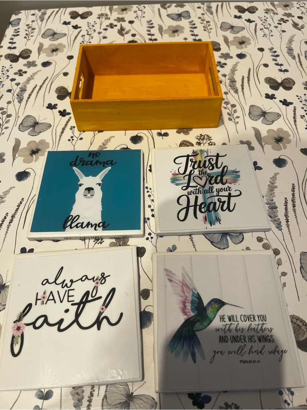 Yellow Wooden Crate with Inspirational Wall Plaques - Blue, White, Teal, Yellow